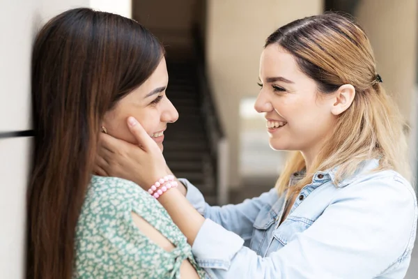 Close Lgbt Couple Looking Happy One Partner Caressing Face Her — Stock Photo, Image