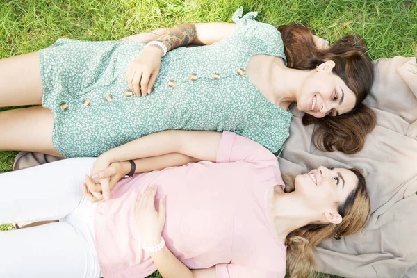手を取りながら隣の草の上の毛布の上で休んでいる多人種のレズビアンカップル — ストック写真