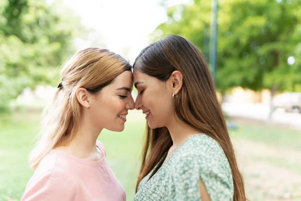 Good Looking Gay Couple Love Hugging Heads Together Park — Stock Photo, Image
