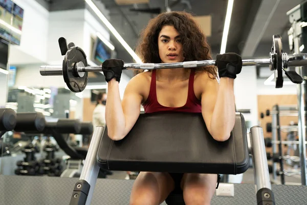 Portrait Beautiful Young Woman Lifting Weights Barbell Fitness Club — Stock Photo, Image