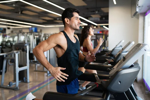 Handsome Active Young Guy Running Treadmill Fitness Center — Stock Photo, Image