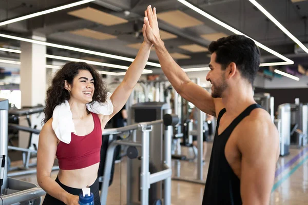 Attractive Hispanic Couple 20S Smiling Doing High Five Workout Fitness — Stock Photo, Image