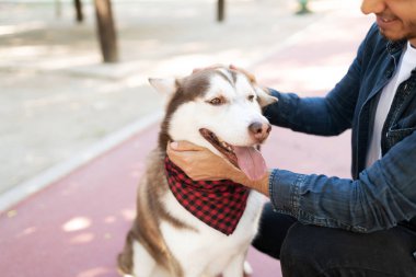 Koşu parkında dizlerinin üstüne çöküp mutlu bir köpeğin kafasını okşayan bir adamı yakından çek.