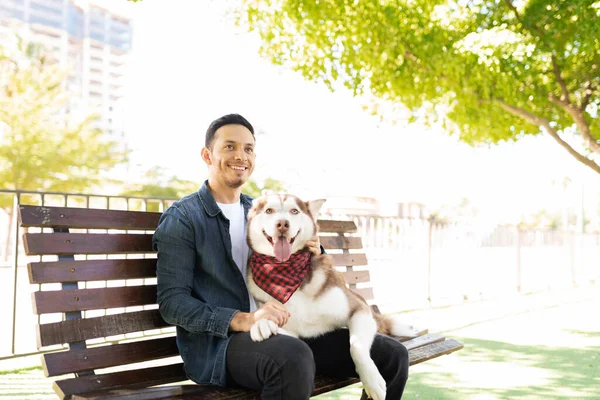 Добрый Взрослый Мужчина Красивая Собака Выглядящая Счастливой Сидящая Скамейке Парке — стоковое фото