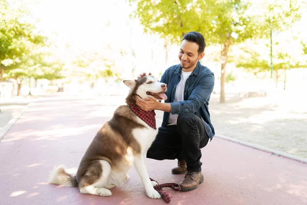 Vuxen Man Årsåldern Knäböjer Och Smeker Huvudet Stor Söt Hund — Stockfoto