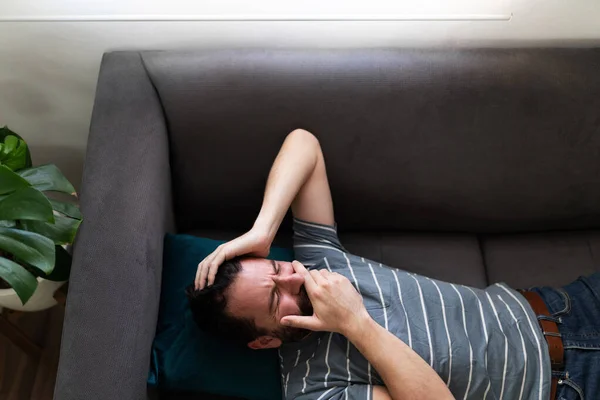 Latin Man Seen Lying Sofa Crying Looking Sad Depressed His — Fotografia de Stock