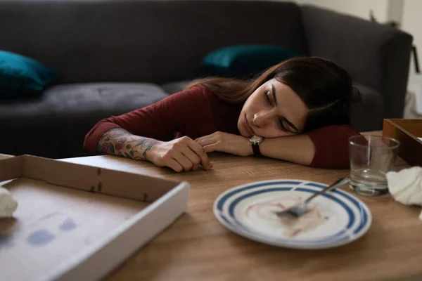 Lonely Sad Young Woman Resting Her Head Coffee Table Depressed — Stock Photo, Image