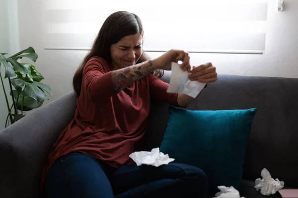 Hispanic Young Woman Looking Upset Breaking Photograph Angry Woman Her — Stock Photo, Image