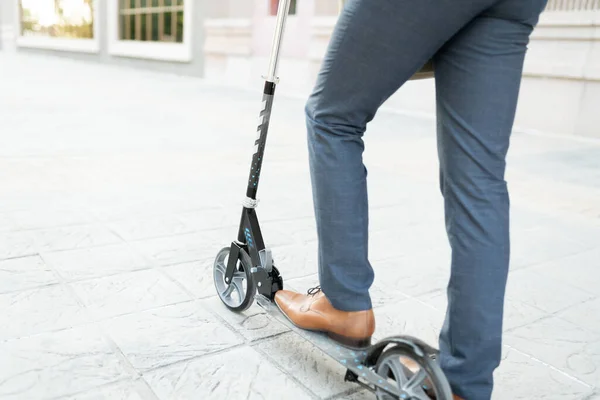 Crop Photo Professional Man Riding Scooter Adult Man Commuting Work — Stock Photo, Image