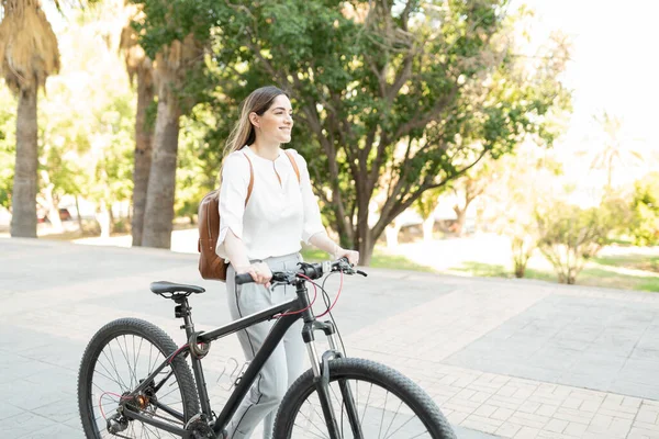 Attractive Female Professional Worker Walking Her Bike Park Woman Her — Stock Photo, Image