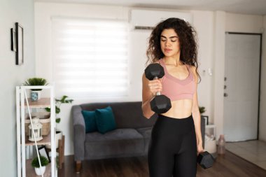 20 'li yaşlarda güçlü bir Latin kadın ev antrenmanı için dambıl ağırlığıyla biseps kıvırıyor.