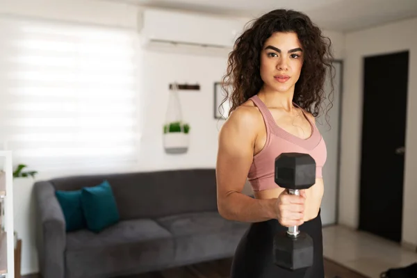 Muscular Strong Young Woman Doing Bicep Curl Dumbbell Weights Her