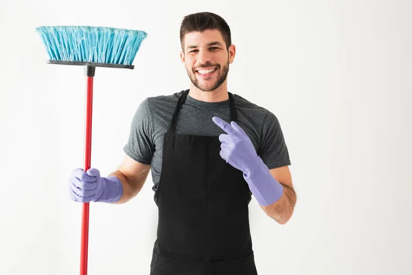 Portrait Shot Attractive Young Man Apron Gloves Hispanic Guy Smiling — Stock Photo, Image