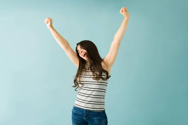 Caucasian Young Woman Trumphial Expression Celebrating Shouting Her Arms Raised — Stock Photo, Image