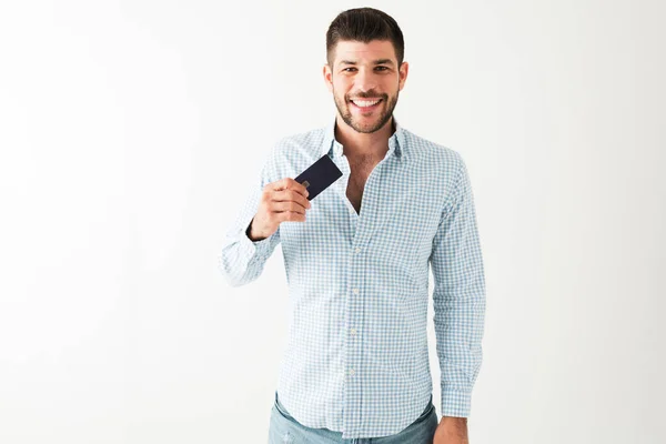 Good Looking Guy His 20S Smiling Holding Credit Card White — Stock Photo, Image