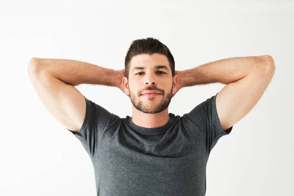 Portrait Shot Latin Man His 20S His Hands Head Peaceful — Stock Photo, Image