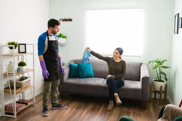 Full Length View Demanding Wife Handing Cleaning Cloth Her Partner — Stock Photo, Image