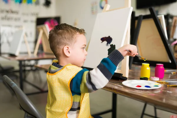 Handsome Little Boy Painting Blank Canvas Caucasian Kid Holding Brush — Stock Photo, Image