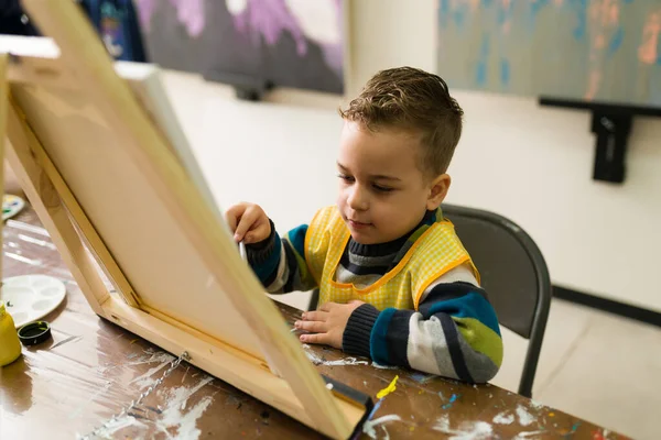 Caucasian Boy Child Looking Focused Fixated Painting Little Brush Canvas — Stock Photo, Image