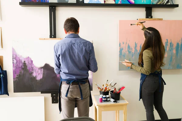 Young Woman Adult Man Seen Wearing Aprons Painting Colorful Landscapes — Stock Photo, Image