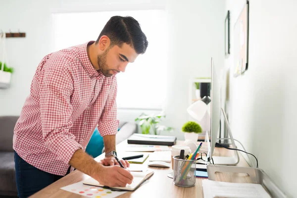 Hispanic Young Guy Standing Front His Desk Attractive Man Planning — Stock Photo, Image