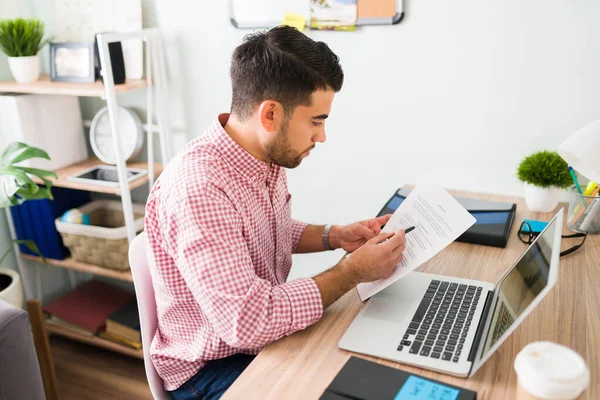 Side View Hispanic Young Man Working Manager Latin Guy Reviewing — Stock Photo, Image