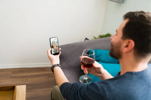 Good Looking Couple Relationship Making Toast Glass Wine Video Call — Stock Photo, Image