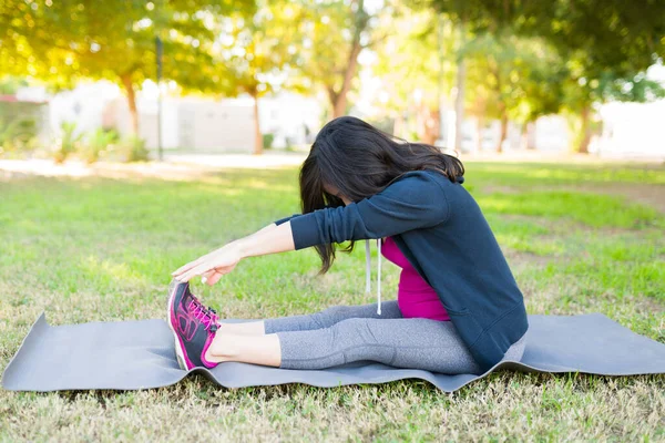 Side View Caucasian Pregnant Woman Stretching Her Legs Arms Yoga — Stock Photo, Image