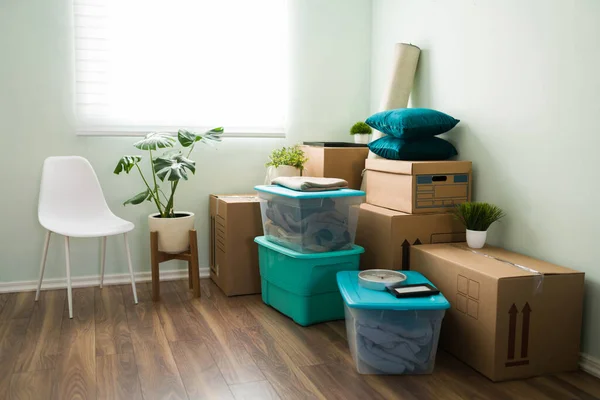 段ボール箱付きの日当たりの良いリビングルームの家荷物 コンテナ 植物や家具が満載され 配置される準備ができて — ストック写真