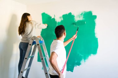 Arkadan merdivende duran güzel bir karı-koca. Evli çift birlikte yeşil bir duvar boyuyor. 