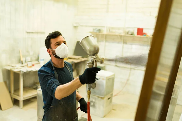 Good Looking Man Face Mask Gloves Using Spray Gun Paint — Stock Photo, Image