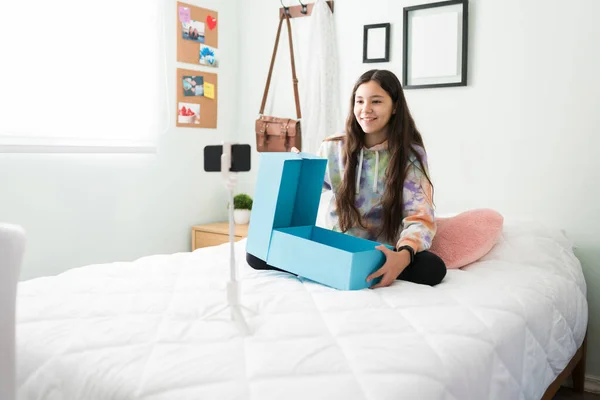Cute Teen Influencer Unboxing Package While Recording Video Her Smartphone — Stock Photo, Image