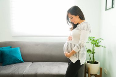 Oturma odasında karnına dokunup gelecekteki bebeğini düşünüp hayal eden sevgi dolu bir annenin yan görüntüsü.