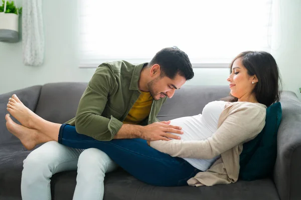 Attractive Loving Man Talking Belly Pregnant Woman While Resting Couch — Stock Photo, Image