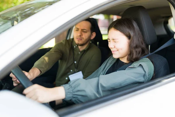 Worried Driving Instructor Preventing Car Crash Holding Steering Wheel Bad — Stock Photo, Image