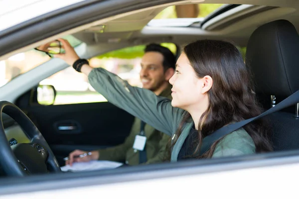 Adorable Teenage Girl Adjusting Rear View Mirror Car Her Driving — Stock Photo, Image