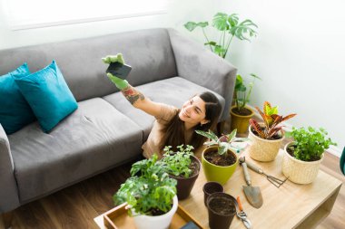 Güzel yeşil bitkileriyle selfie çeken heyecanlı genç bir kadın. Sosyal medyada ev bitkilerinin resmini yayınlamak için akıllı telefonunu kullanan İspanyol kadın.
