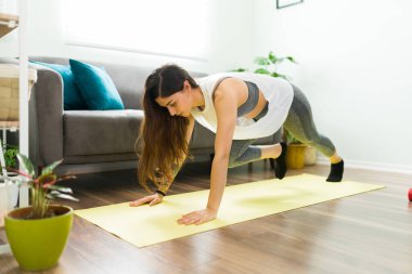 Yüksek yoğunluklu antrenman yapan İspanyol bir genç kadın. Evde dağcılık yapan muhteşem bir kadın.