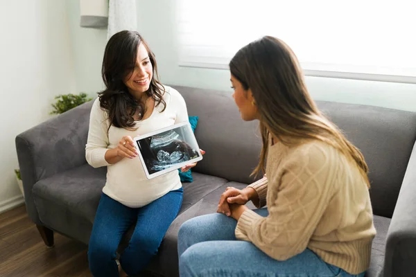 Attractive Pregnant Woman Showing Ultrasound Her Baby Her Best Friend — Stock Photo, Image