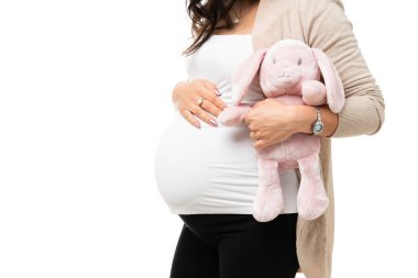 Güzel bir kadın hamile karnına dokunuyor ve pembe bir oyuncak ayı tutuyor. Güzel hamile bir kadın bebek bekliyor. 