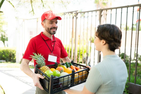 Happy Delivery Man Giving Box Fresh Vegetables Fruits Young Woman — Stock Photo, Image