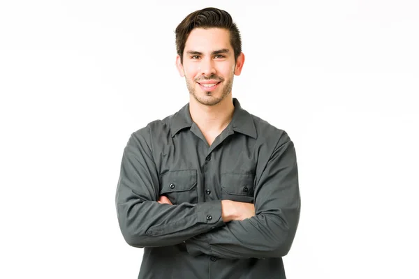 Handsome Young Man Smiling While Standing Front White Background Hispanic — Stock Photo, Image