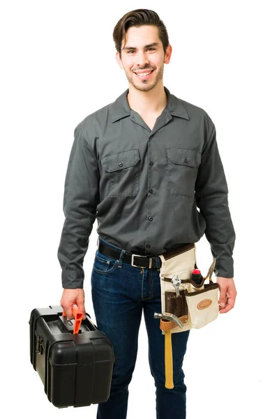 Attractive Latin Man Wearing Belt Hammer Tools While Carrying Toolbox — Stock Photo, Image