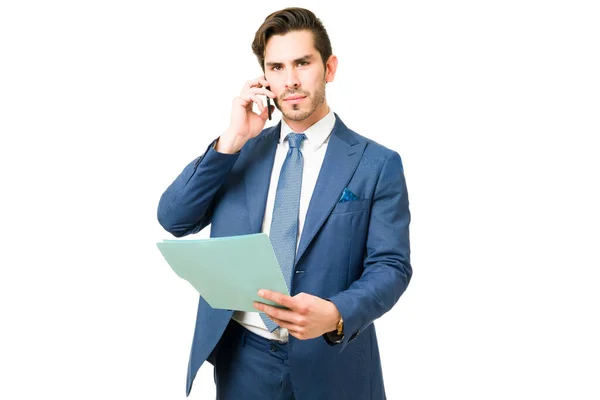 Portrait Busy Lawyer Business Call Making Eye Contact While Holding — Stock Photo, Image