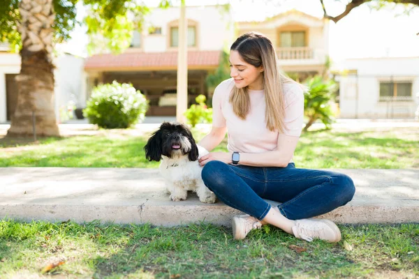 Mooie Vrouw Die Liefde Geeft Glimlacht Naar Haar Schattige Shih — Stockfoto