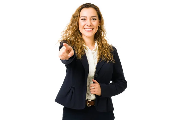 Professional Young Woman Pointing Ahead Choosing Someone Hispanic Businesswoman Feeling — Stock Photo, Image