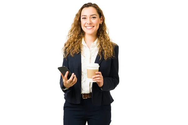 Portrait Beautiful Happy Young Woman Holding Smartphone Coffee Businesswoman Relaxing — Stock Photo, Image