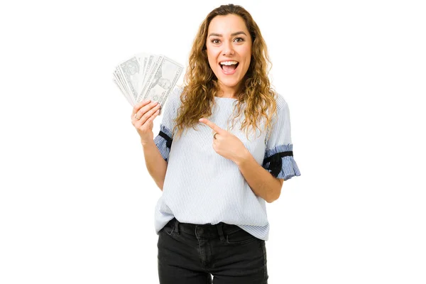 Portrait Attractive Young Woman Holding Lot Money Pointing Bills Happy — Stock Photo, Image