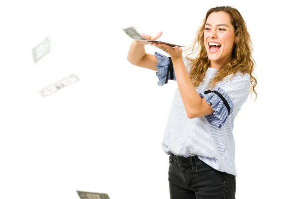 Excited Young Woman Throwing Money Air Feeling Happy Rich Woman — Stock Photo, Image