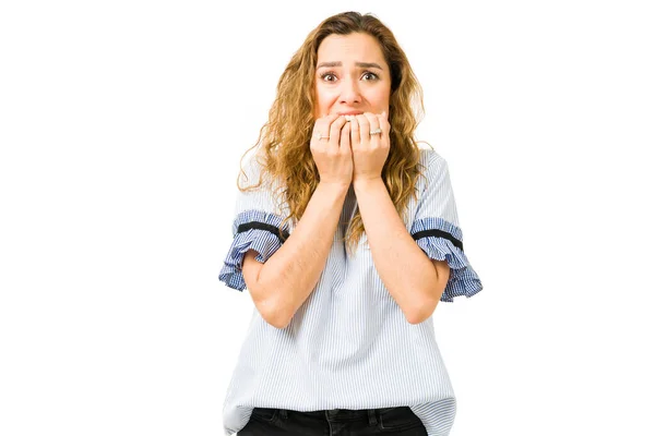 Scared Young Woman Biting Her Nails Attractive Woman Her 20S — Stock Photo, Image